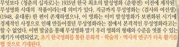 무엇보다 청춘의 십자로는 1935년 한국 최초의 발성영화 춘향전 이전에 제작된 무성영화 시대의  작품이라는데 의미가 있다. 지금까지 무성영화는 검사와 여선생(1948, 윤대룡) 한 편이 존재하였으나, 이 영화는 이미 발성영화가 보편화된 시기에 경제적인 사정으로 인해 만들어졌던 무성영화라는 점에서 본격적인 무성영화라고는 할 수 없었다. 이번 발굴을 통해 무성영화 말기 우리 영화의 형태와 수준을 엿볼 수 있는계기가 마련되었고, 초기 한국영화를 통한 문화적ㆍ학술적ㆍ역사적 연구가 더욱 활기를 띌 것으로 기대된다.