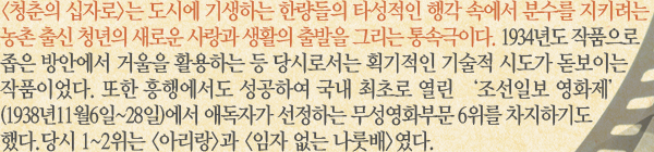 청춘의 십자로는 도시에 기생하는 한량들의 타성적인 행각 속에서 분수를 지키려는 농촌 출신 청년의 새로운 사랑과 생활의 출발을 그리는 통속극이다. 1934년도 작품으로 좁은 방안에서 거울을 활용하는 등 당시로서는 획기적인 기술적 시도가 돋보이는 작품이었다. 또한 흥행에서도 성공하여 국내 최초로 열린 ‘조선일보 영화제’(1938년11월6일~28일)에서 애독자가 선정하는 무성영화부문 6위를 차지하기도했다.당시 1~2위는 아리랑과 임자 없는 나룻배였다.