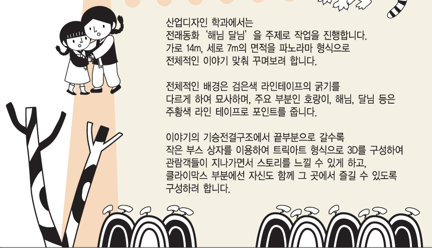 산업디자인 학과에서는 전래동화 해님달님을 주제로 작업을 진행합니다. 가로 14m, 세로 17m의 면적을 파노라마 형식으로 전체적인 이야기 맞춰 꾸며보려합니다. 전체적인 배경은 검은색 라인테이프의 굵기를 다르게 하여 묘사하며, 주요 부분인 호랑이, 해님, 달님 등은 주황색 라인 테이프로 포인드를 줍니다. 이야기의 기승전결구조에서 끝부분으로 갈수록 작은 부스 상자를 이용하여 트릭아트 형식으로 3D를 구성하여 관람객들이 지나가면서 스토리를 느낄 수 있게 하고, 클라이막스 부분에선 자신도 함께 그곳에서 즐길 수 있도록 구성하려 합니다.