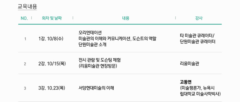 교육내용
1강 10/8(수) 오리엔테이션 미술관의 이해와 커뮤니케이션, 도슨트의 역할, 단원미술관 소개 / 타 미술관 큐레이터, 단원미술관 큐레이터
2강 10월15일(목) 전시관람 및 도슨팅 체험(리엄미술관 현장방문) 강사 리움미술관
3강 10월23(목) 서양현대미술의 이해 강사 고동연(미술평론가, 뉴욕시립대학교 미술사학박사)